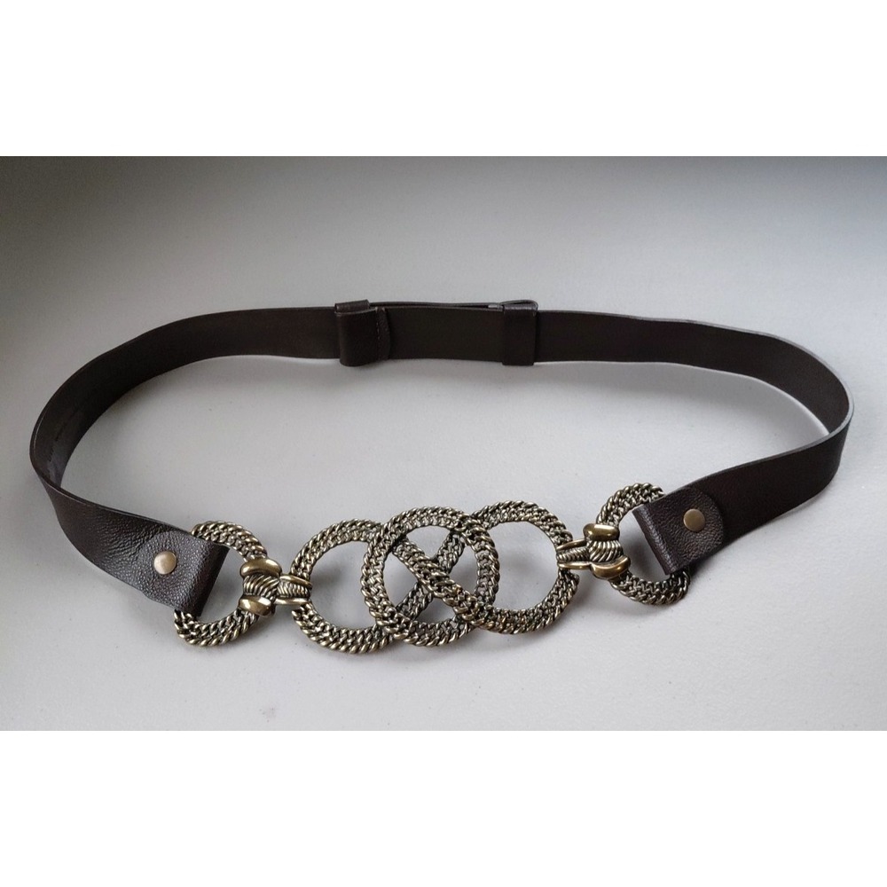 Chicos Brown Leather Adjustable Slider Women Belt M/L Wide Statement Buckle Chic
